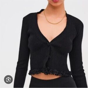 For Love And Lemons Black Ruffled Lace Trim Cardigan
